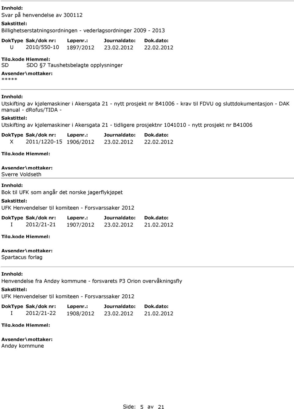 nytt prosjekt nr B41006 2011/1220-15 1906/2012 Sverre Voldseth Bok til FK som angår det norske jagerflykjøpet FK Henvendelser til komiteen - Forsvarssaker 2012 2012/21-21