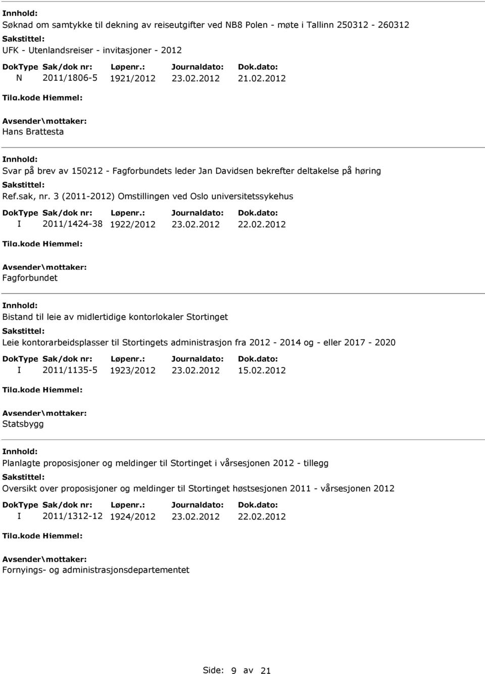 3 (2011-2012) Omstillingen ved Oslo universitetssykehus 2011/1424-38 1922/2012 Fagforbundet Bistand til leie av midlertidige kontorlokaler Stortinget Leie kontorarbeidsplasser til Stortingets