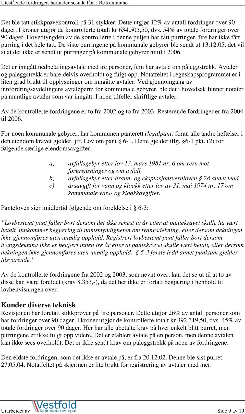 05, det vil si at det ikke er sendt ut purringer på kommunale gebyrer hittil i 2006. Det er inngått nedbetalingsavtale med tre personer, fem har avtale om påleggstrekk.