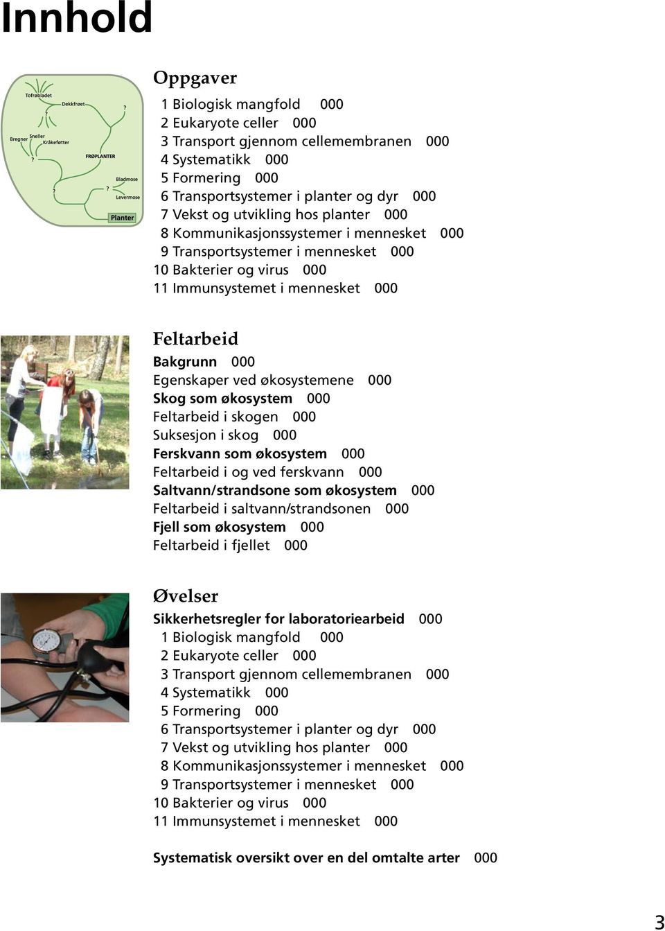 økosystemene 000 Skog som økosystem 000 Feltarbeid i skogen 000 Suksesjon i skog 000 Ferskvann som økosystem 000 Feltarbeid i og ved ferskvann 000 Saltvann/strandsone som økosystem 000 Feltarbeid i