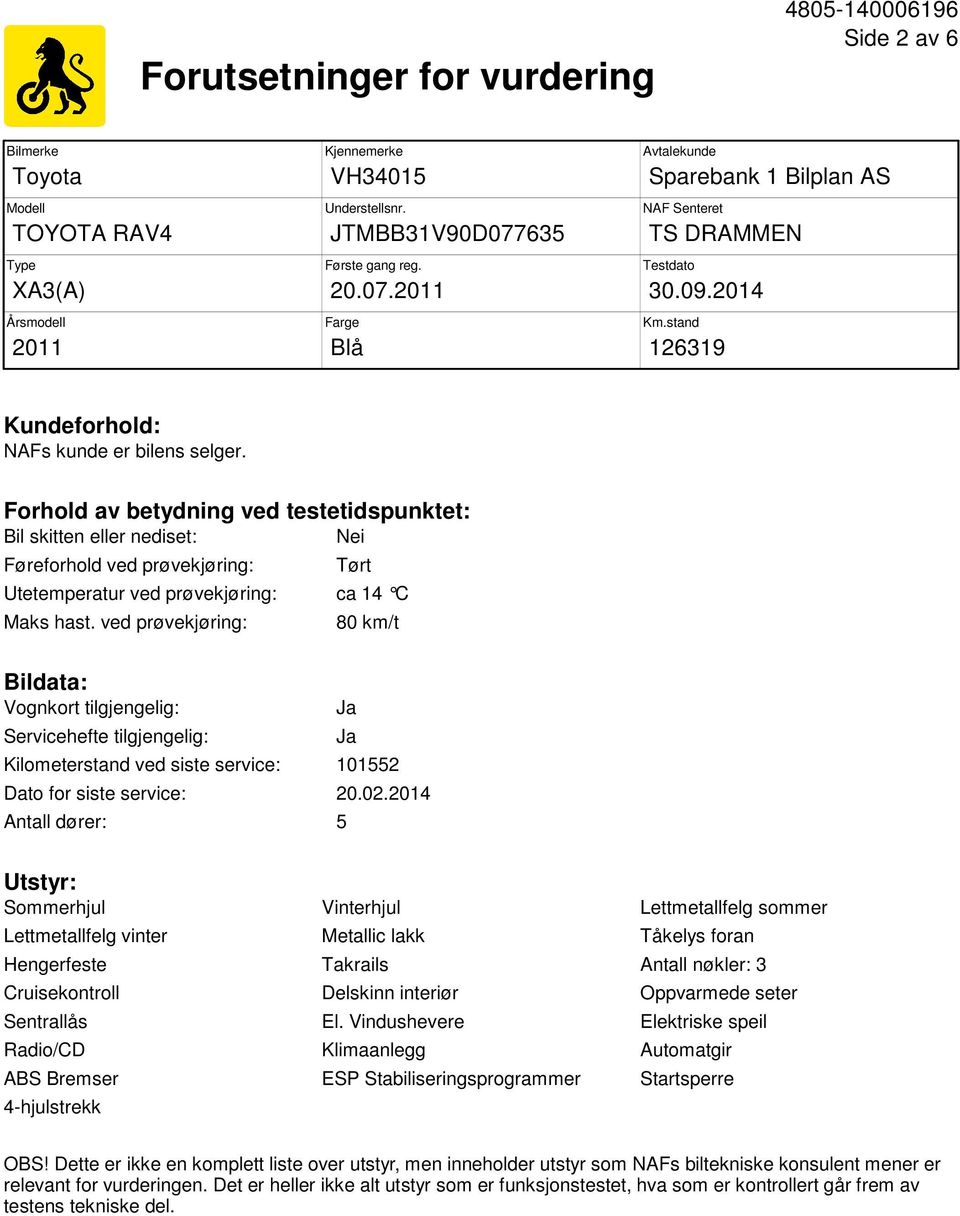 Forhold av betydning ved testetidspunktet: Bil skitten eller nediset: Nei Føreforhold ved prøvekjøring: Tørt Utetemperatur ved prøvekjøring: ca 14 C Maks hast.