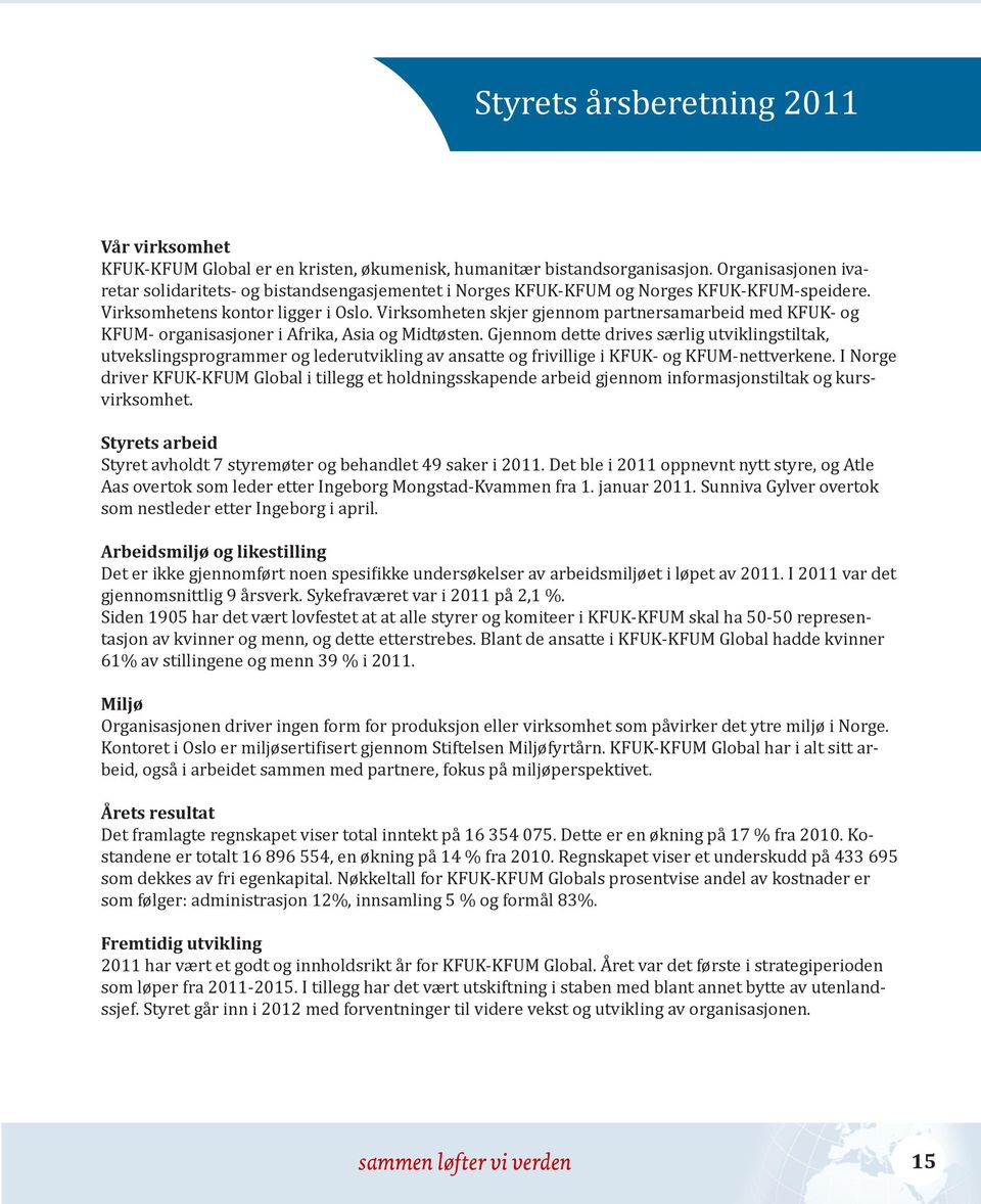 Virksomheten skjer gjennom partnersamarbeid med KFUK- og KFUM- organisasjoner i Afrika, Asia og Midtøsten.