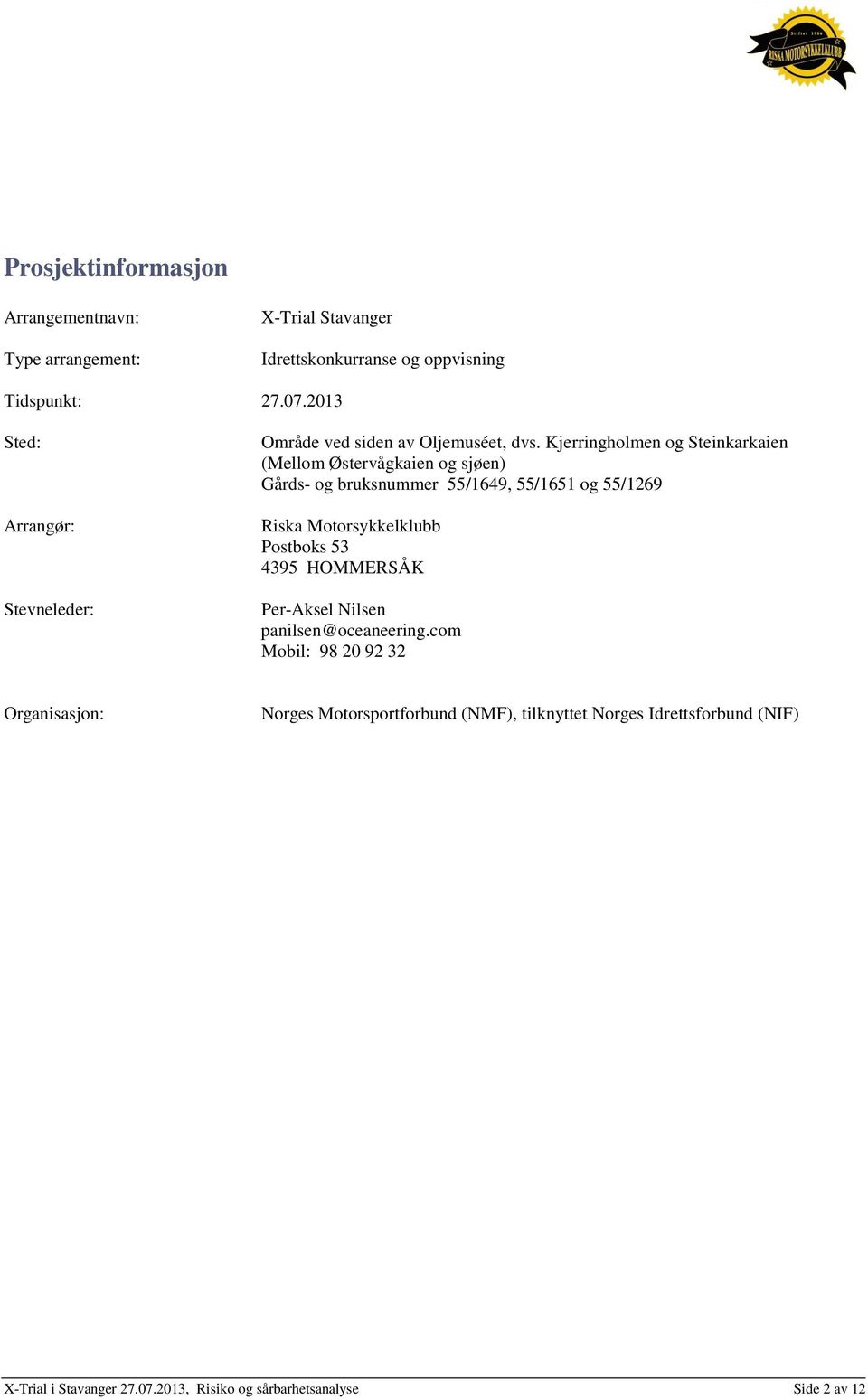 Kjerringholmen og Steinkarkaien (Mellom Østervågkaien og sjøen) Gårds- og bruksnummer 55/1649, 55/1651 og 55/1269 Riska Motorsykkelklubb