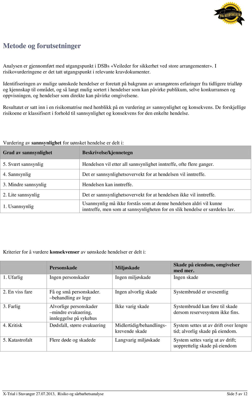 publikum, selve konkurransen og oppvisningen, og hendelser som direkte kan påvirke omgivelsene. Resultatet er satt inn i en risikomatrise med henblikk på en vurdering av sannsynlighet og konsekvens.