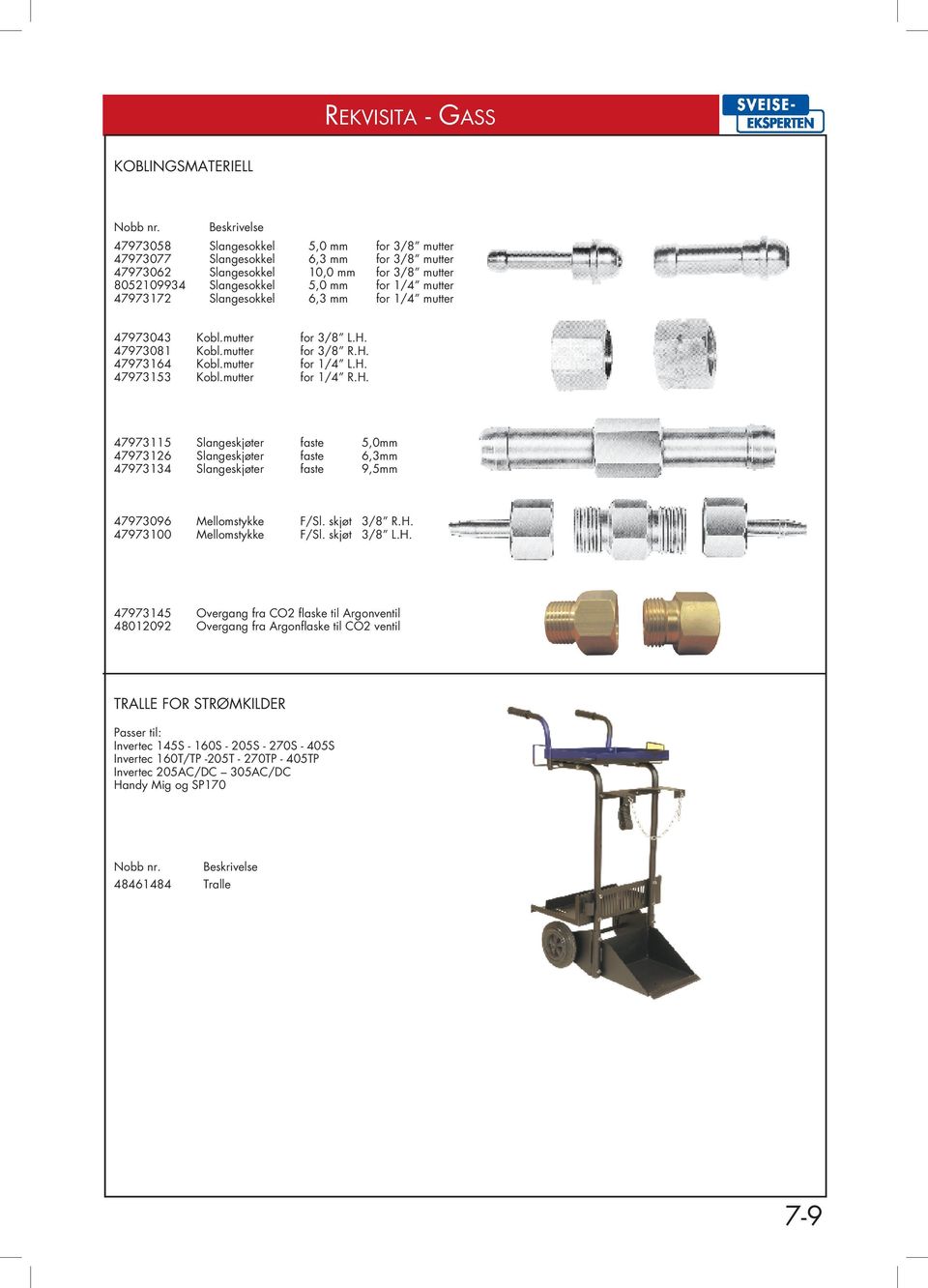 47973081 Kobl.mutter for 3/8 R.H. 47973164 Kobl.mutter for 1/4 L.H. 47973153 Kobl.mutter for 1/4 R.H. 47973115 Slangeskjøter faste 5,0mm 47973126 Slangeskjøter faste 6,3mm 47973134 Slangeskjøter faste 9,5mm 47973096 Mellomstykke F/Sl.