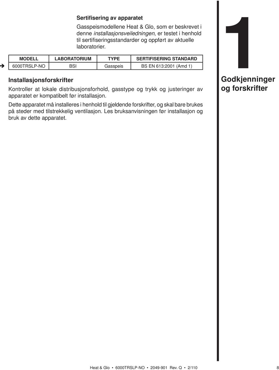 MODELL LABORATORIUM TYPE SERTIFISERING STANDARD 6000TRSLP-NO BSI Gasspeis BS EN 613:2001 (Amd 1) Installasjonsforskrifter Kontroller at lokale distribusjonsforhold, gasstype og