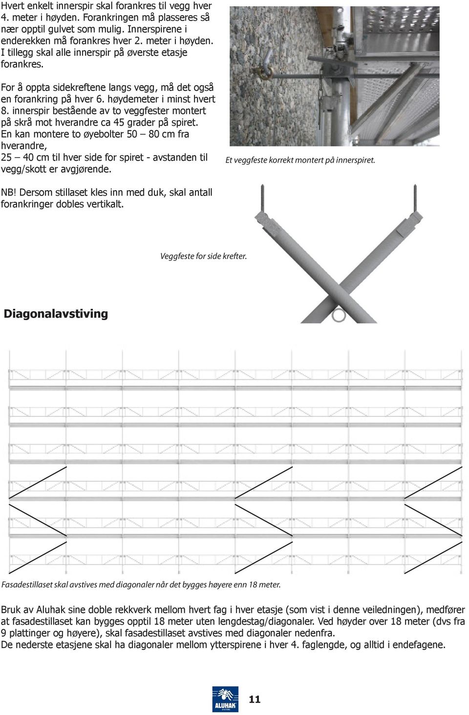 En kan montere to øyebolter 50 80 cm fra hverandre, 25 40 cm til hver side for spiret - avstanden til vegg/skott er avgjørende. Et veggfeste korrekt montert på innerspiret. NB!