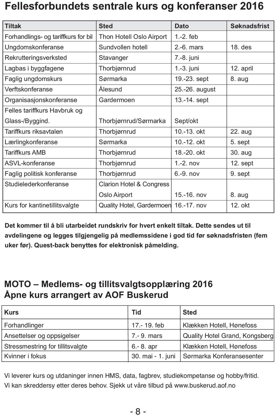 august Organisasjonskonferanse Gardermoen 13.-14. sept Felles tariffkurs Havbruk og Glass-/Byggind. Thorbjørnrud/Sørmarka Sept/okt Tariffkurs riksavtalen Thorbjørnrud 10.-13. okt 22.