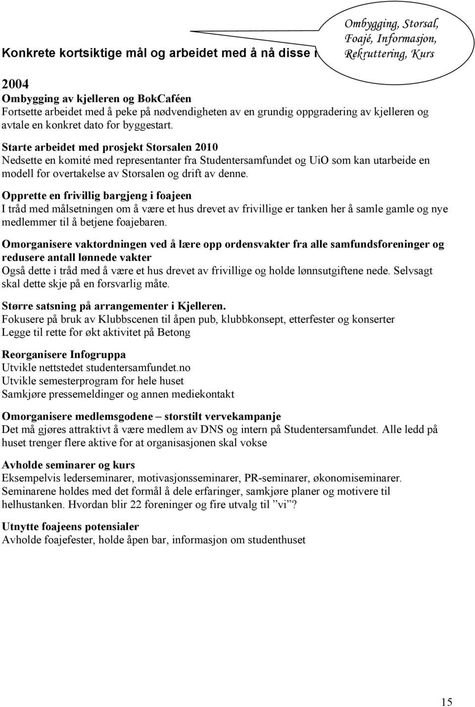 Starte arbeidet med prosjekt Storsalen 2010 Nedsette en komité med representanter fra Studentersamfundet og UiO som kan utarbeide en modell for overtakelse av Storsalen og drift av denne.