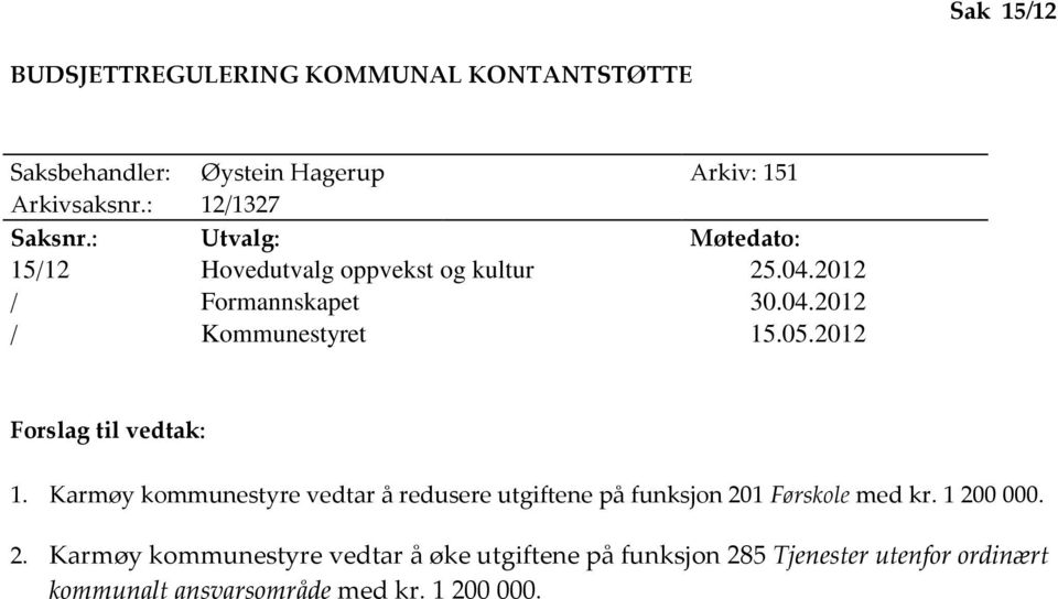 2012 Forslag til vedtak: 1. Karmøy kommunestyre vedtar å redusere utgiftene på funksjon 20