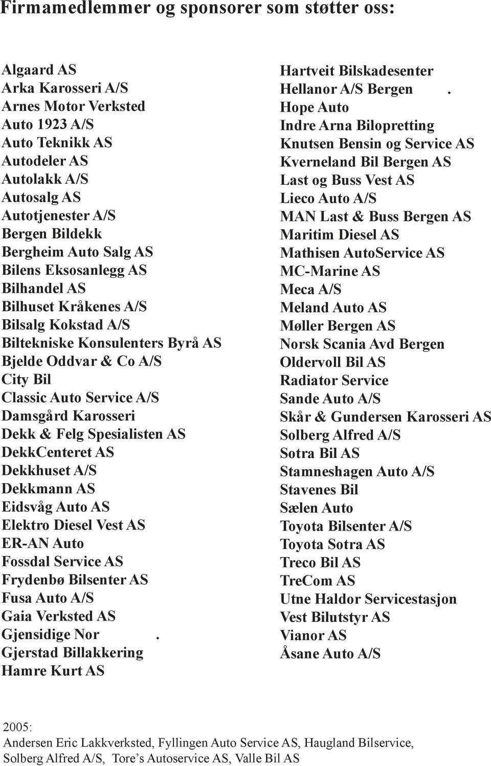 Karosseri Dekk & Felg Spesialisten AS DekkCenteret AS Dekkhuset A/S Dekkmann AS Eidsvåg Auto AS Elektro Diesel Vest AS ER-AN Auto Fossdal Service AS Frydenbø Bilsenter AS Fusa Auto A/S Gaia Verksted