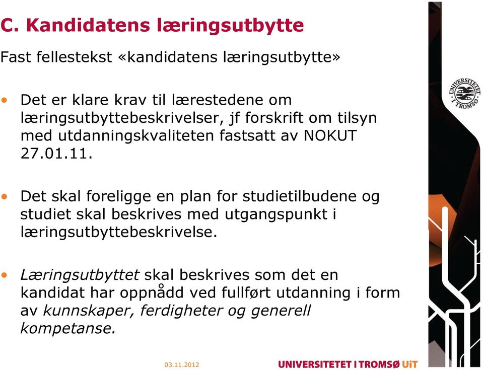 Det skal foreligge en plan for studietilbudene og studiet skal beskrives med utgangspunkt i læringsutbyttebeskrivelse.