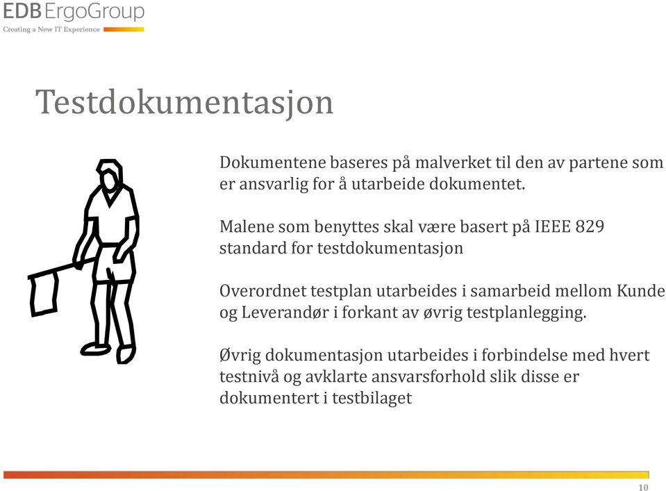 Malene som benyttes skal være basert på IEEE 829 standard for testdokumentasjon Overordnet testplan