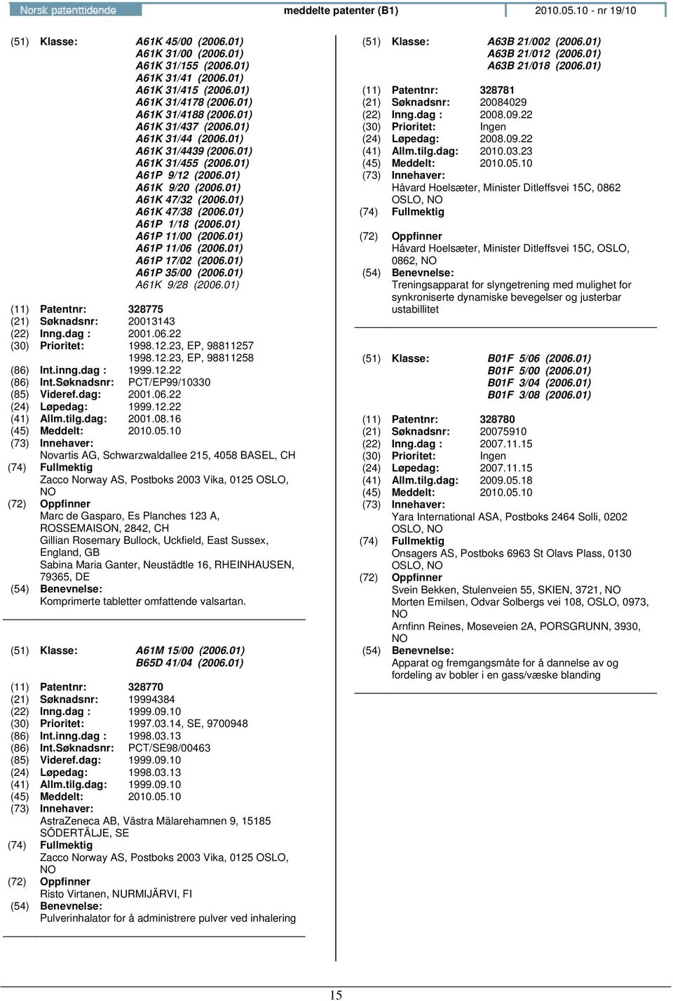 01) A61P 1/18 (2006.01) A61P 11/00 (2006.01) A61P 11/06 (2006.01) A61P 17/02 (2006.01) A61P 35/00 (2006.01) A61K 9/28 (2006.01) (11) Patentnr: 328775 (21) Søknadsnr: 20013143 (22) Inng.dag : 2001.06.22 (30) Prioritet: 1998.