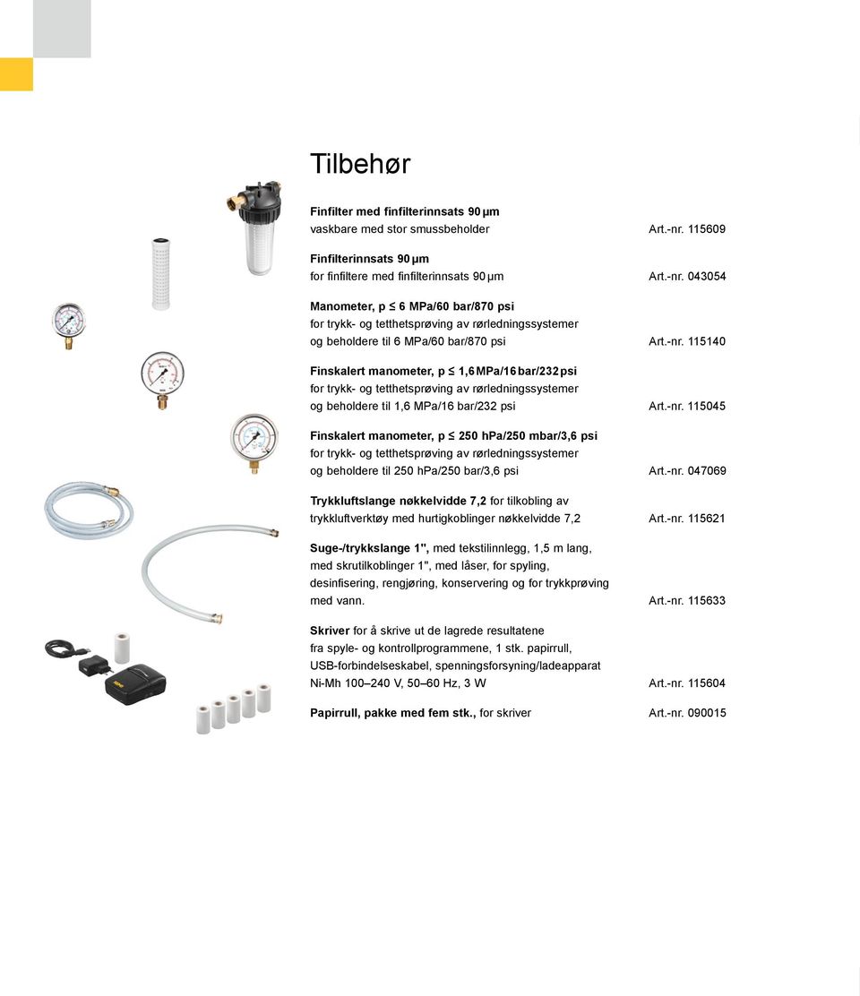 043054 # Manometer, p 6 MPa/60 bar/870 psi for trykk- og tetthetsprøving av rørledningssystemer og beholdere til 6 MPa/60 bar/870 psi Art.-nr.