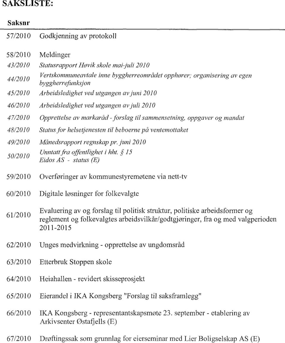 48/2010 Status for helsetjenesten til beboerne på ventemottaket 49/2010 Månedsrapport regnskap pr. juni 2010 50/2010 Unntatt fra offentlighet i hht.