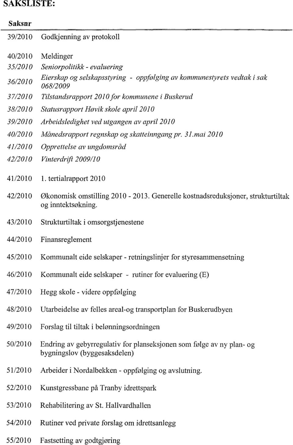 pr. 31.mai 2010 41/2010 Opprettelse av ungdomsråd 42/2010 Vinterdrift 2009/10 41/2010 1. tertialrapport 2010 42/2010 Økonomisk omstilling 2010-2013.