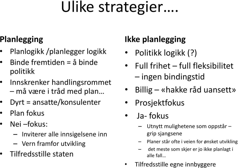 ansatte/konsulenter Plan fokus Nei fokus: Inviterer alle innsigelsene inn Vern framfor utvikling Tilfredsstille staten Ikke planlegging Politikk