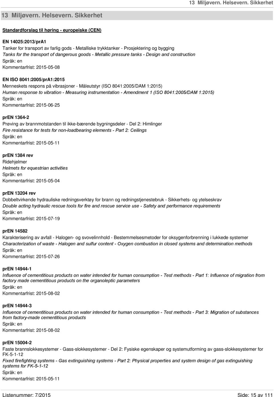 of dangerous goods - Metallic pressure tanks - Design and construction Kommentarfrist: 2015-05-08 EN ISO 8041:2005/prA1:2015 Menneskets respons på vibrasjoner - Måleutstyr (ISO 8041:2005/DAM 1:2015)