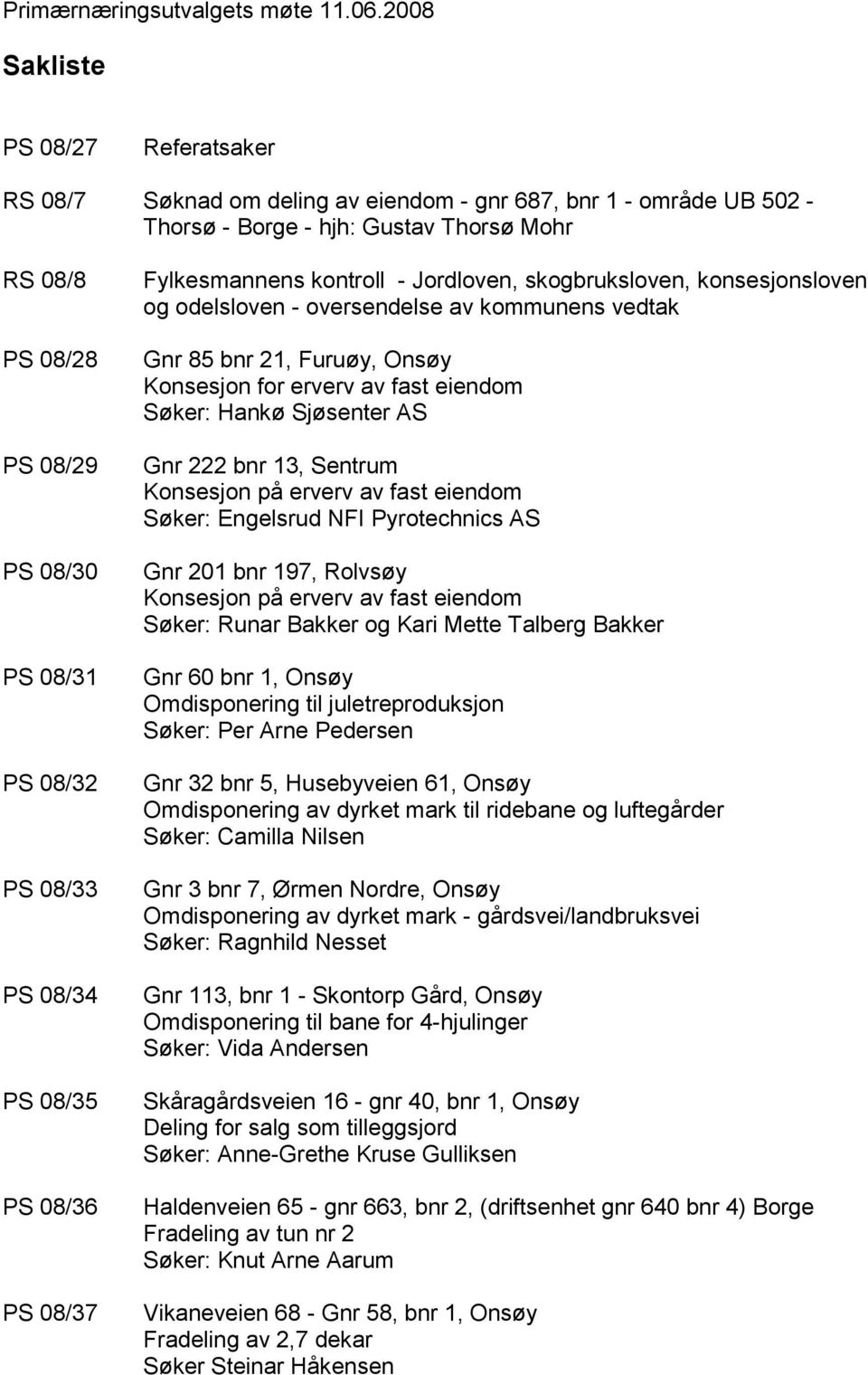 08/32 PS 08/33 PS 08/34 PS 08/35 PS 08/36 PS 08/37 Fylkesmannens kontroll - Jordloven, skogbruksloven, konsesjonsloven og odelsloven - oversendelse av kommunens vedtak Gnr 85 bnr 21, Furuøy, Onsøy