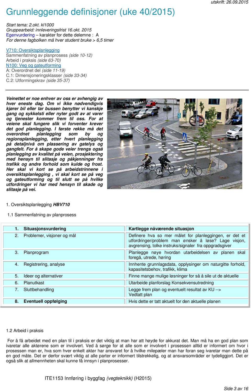 2015 Egenvurdering karakter for dette delemne : A For denne fagbolken må hver student bruke > 6,5 timer V710: Oversiktsplanlegging Sammenfatning av planprosess (side 10-12) Arbeid i praksis (side