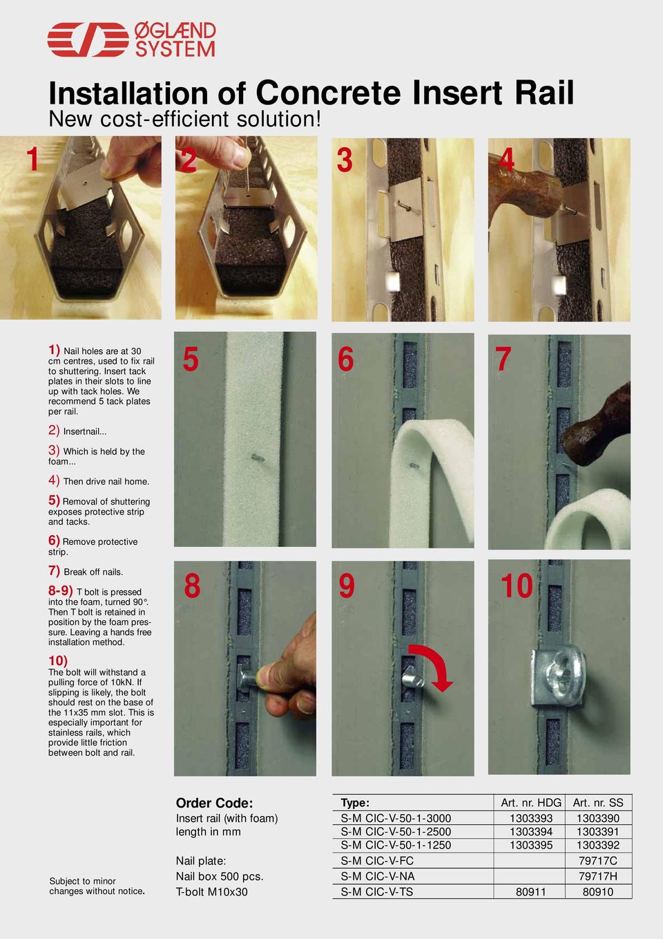 5) Removal of shuttering exposes protective strip and tacks. 6) Remove protective strip. 7) Break off nails. 8-9) T bolt is pressed into the foam, turned 90.