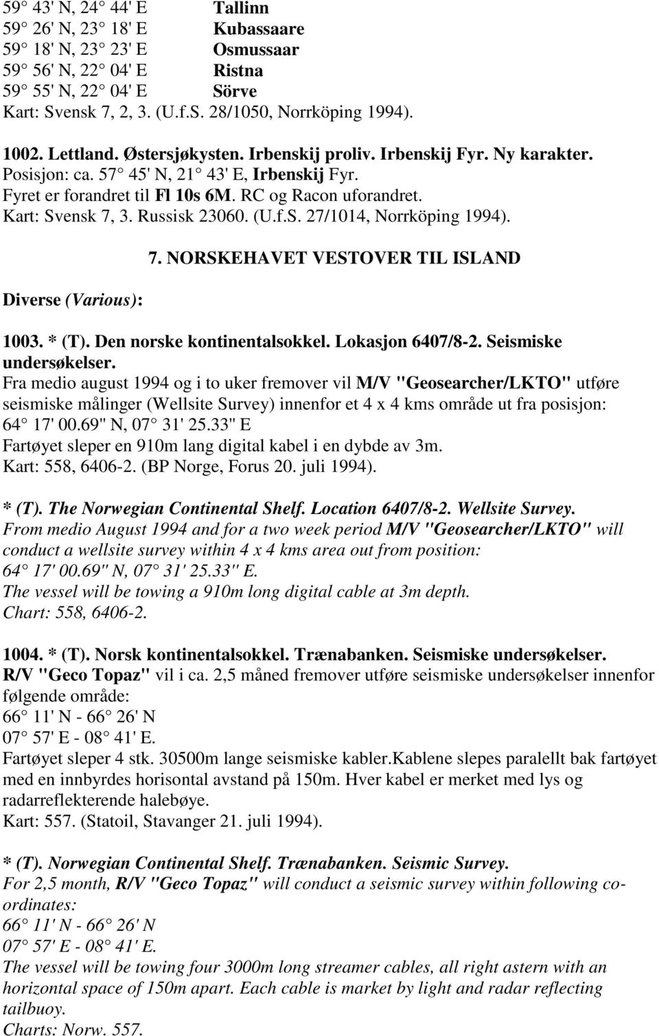 Russisk 23060. (U.f.S. 27/1014, Norrköping 1994). Diverse (Various): 7. NORSKEHAVET VESTOVER TIL ISLAND 1003. * (T). Den norske kontinentalsokkel. Lokasjon 6407/8-2. Seismiske undersøkelser.