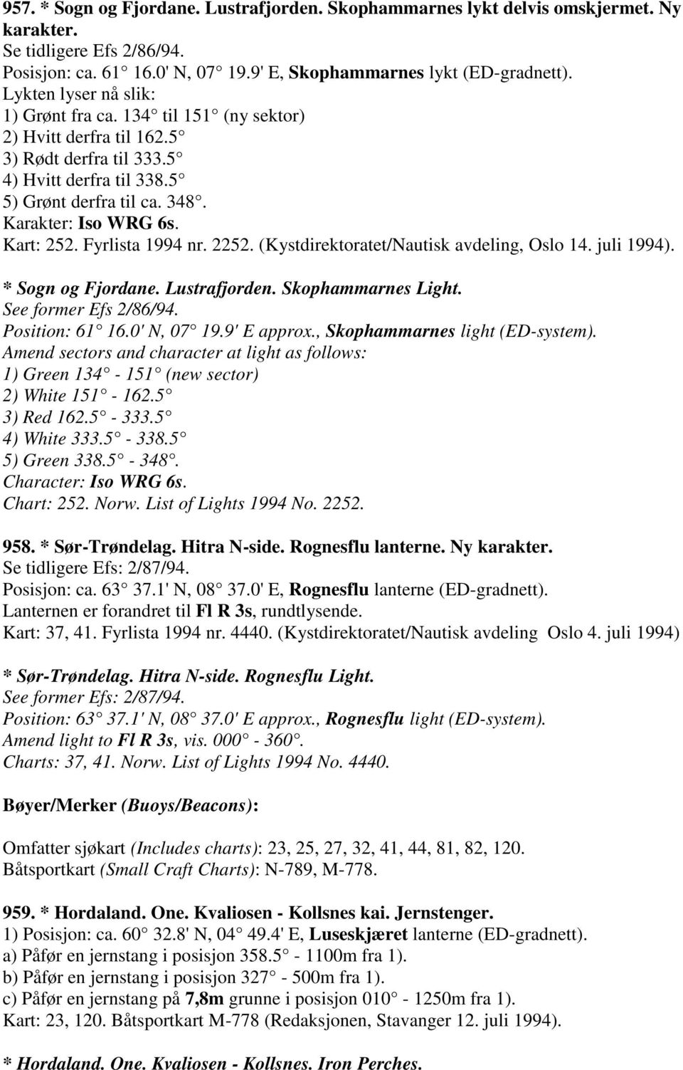 Kart: 252. Fyrlista 1994 nr. 2252. (Kystdirektoratet/Nautisk avdeling, Oslo 14. juli 1994). * Sogn og Fjordane. Lustrafjorden. Skophammarnes Light. See former Efs 2/86/94. Position: 61 16.0' N, 07 19.