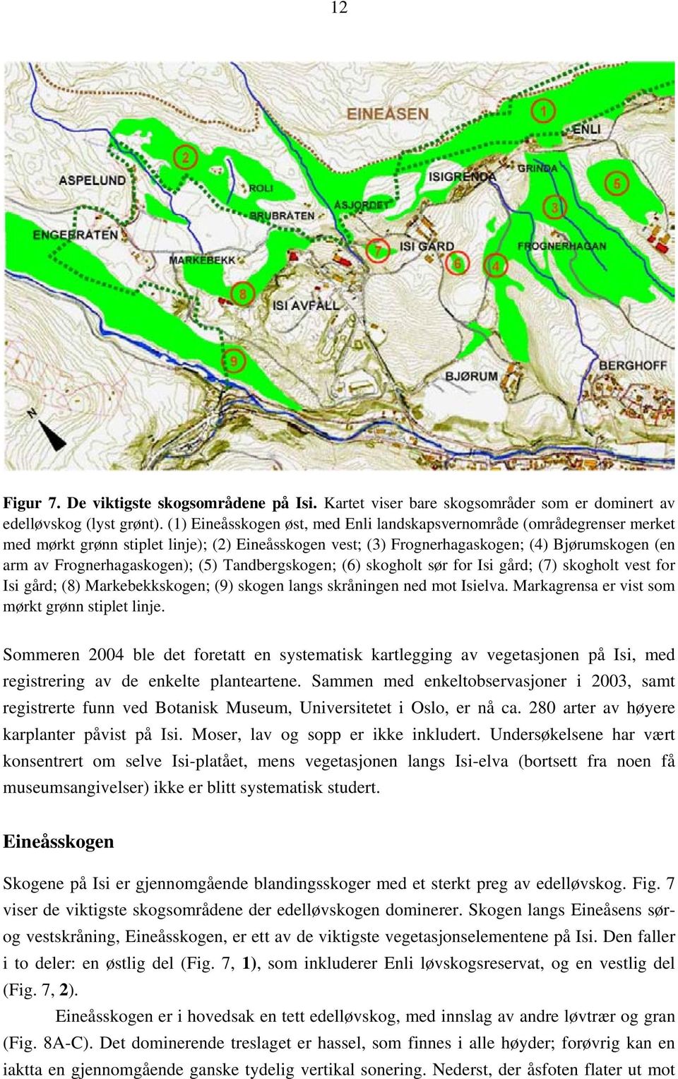 (5) Tandbergskogen; (6) skogholt sør for Isi gård; (7) skogholt vest for Isi gård; (8) Markebekkskogen; (9) skogen langs skråningen ned mot Isielva. Markagrensa er vist som mørkt grønn stiplet linje.