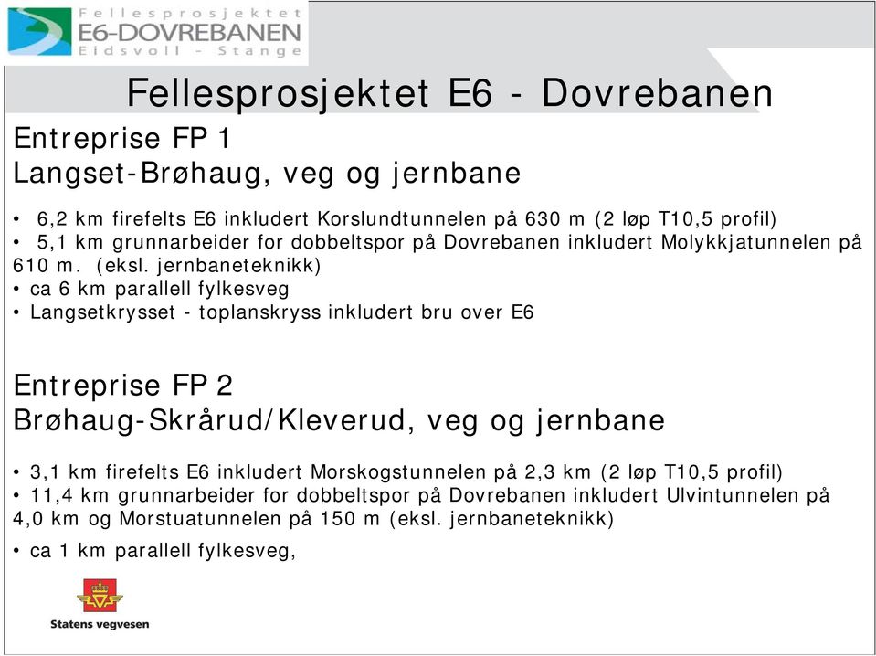 jernbaneteknikk) ca 6 km parallell fylkesveg Langsetkrysset - toplanskryss inkludert bru over E6 Entreprise FP 2 Brøhaug-Skrårud/Kleverud, veg og jernbane 3,1 km