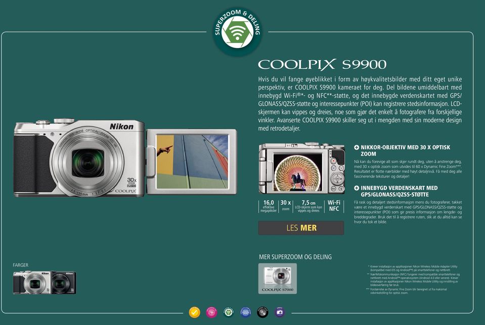 LCDskjermen kan vippes og dreies, noe som gjør det enkelt å fotografere fra forskjellige vinkler. Avanserte COOLPIX S9900 skiller seg ut i mengden med sin moderne design med retrodetaljer.