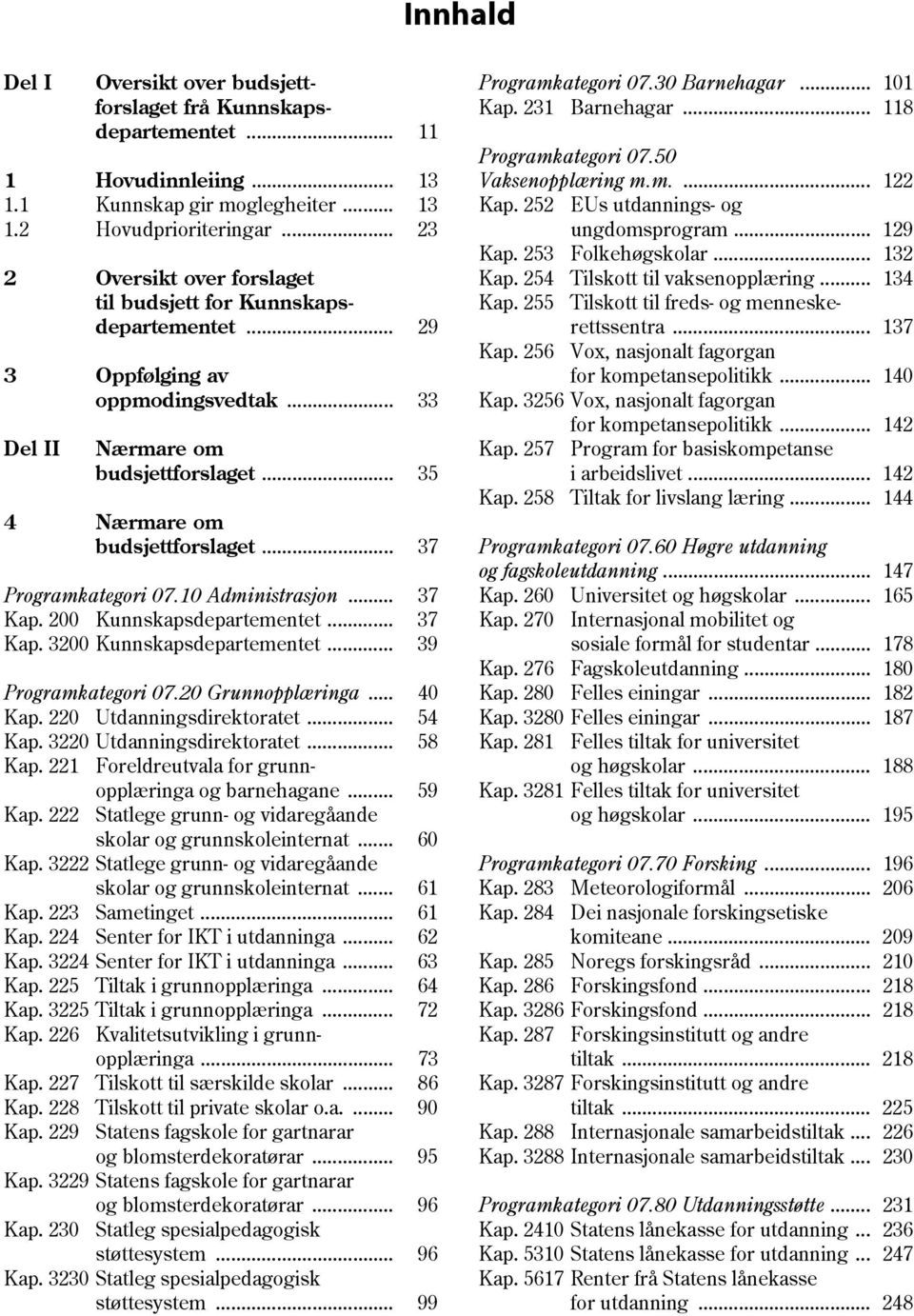 .. 39 Programkategori 07.20 Grunnopplæringa... 40 Kap. 220 Utdanningsdirektoratet... 54 Kap. 3220 Utdanningsdirektoratet... 58 Kap. 221 Foreldreutvala for grunnopplæringa og barnehagane... 59 Kap.