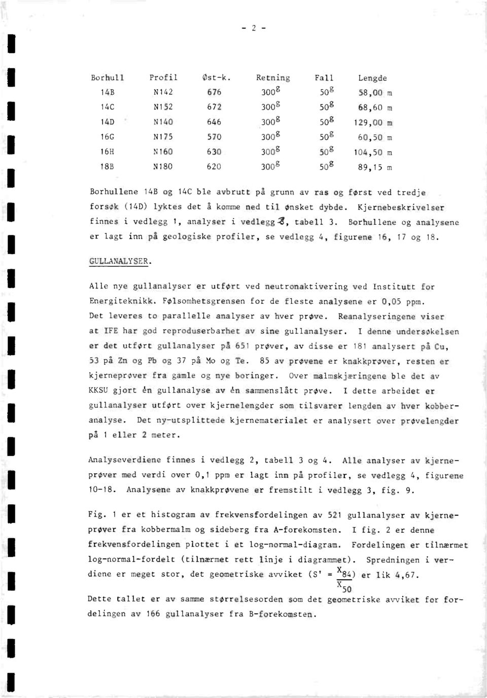 Borhullene 143 og 14C ble avbrutt på grunn av ras og først ved tredje forsøk (14D) lyktes det å komme ned til ønsket dybde. Kjernebeskrivelser finnes i vedlegg 1, analyser i vedlegg;3, tabell 3.