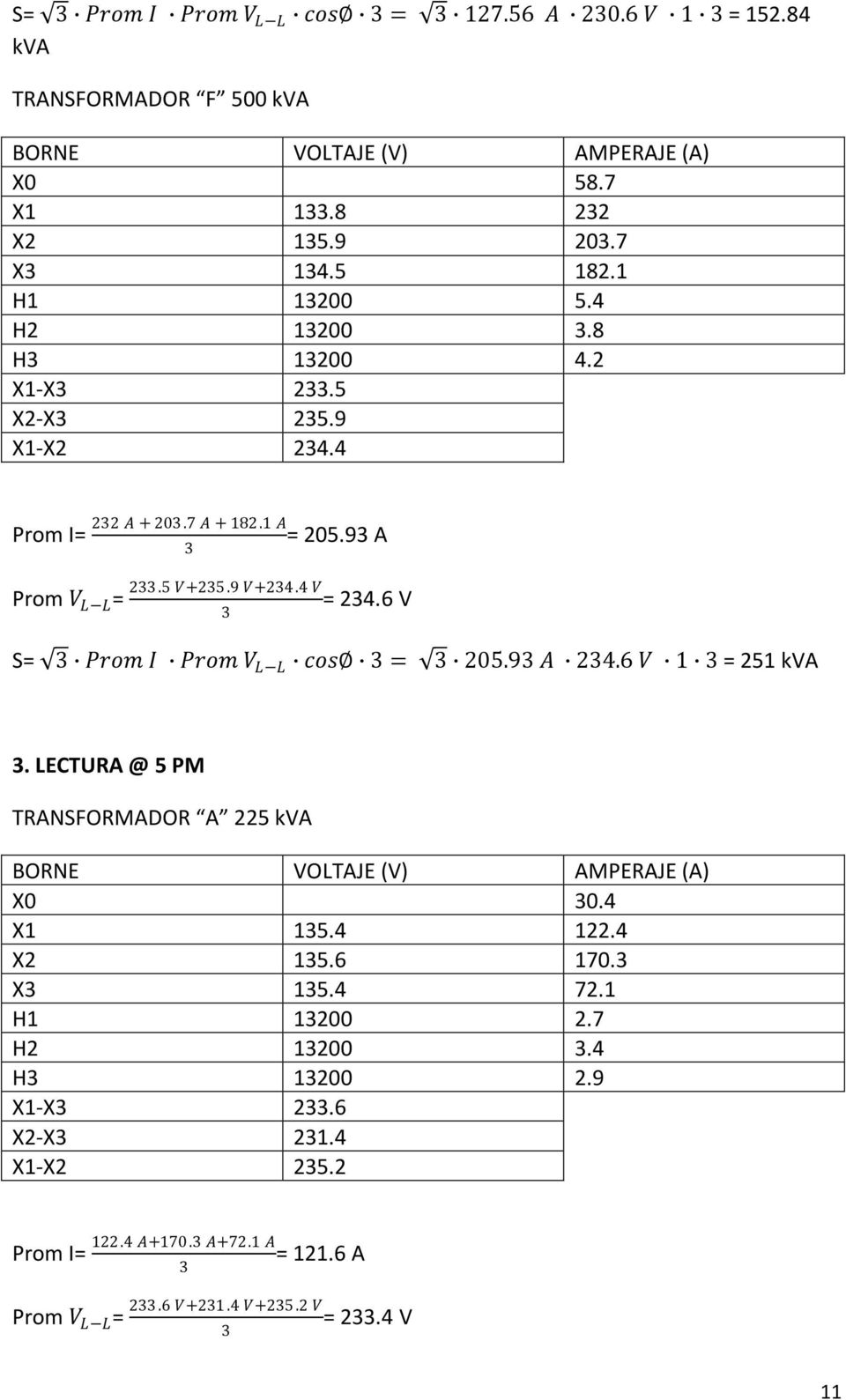 6 V S= Prom I Prom V L L cos = 205.9 A 24.6 V 1 = 251 kva. LECTURA @ 5 PM TRANSFORMADOR A 225 kva X0 0.4 X1 15.4 122.4 X2 15.