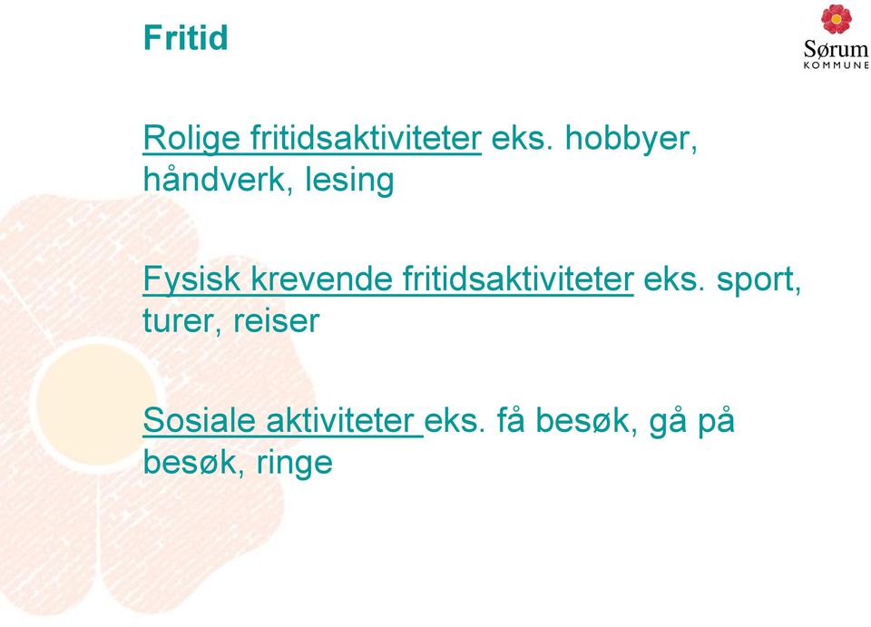 fritidsaktiviteter eks.