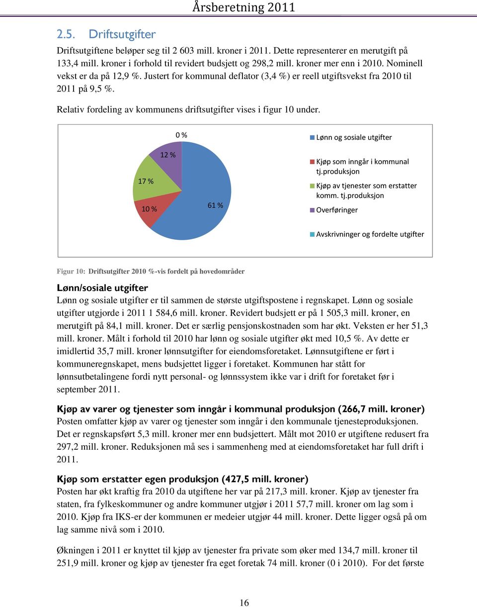 Relativ fordeling av kommunens driftsutgifter vises i figur 10 under. 0 % Lønn og sosiale utgifter 17 % 10 % 12 % 61 % Kjøp som inngår i kommunal tj.produksjon Kjøp av tjenester som erstatter komm.