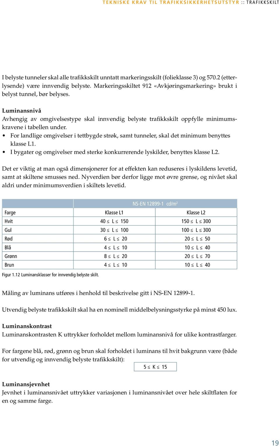 Luminansnivå Avhengig av omgivelsestype skal innvendig belyste trafikkskilt oppfylle minimumskravene i tabellen under.