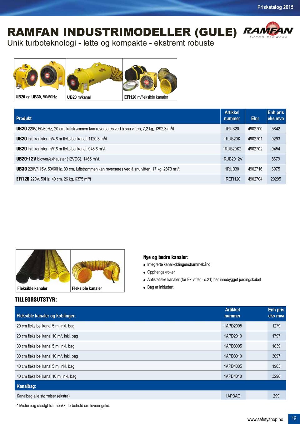 inkl kanister m/7,6 m fleksibel kanal, 948,6 m 3 /t 1RUB20K2 4902702 9454 UB20-12V blower/exhauster (12VDC), 1465 m 3 /t.