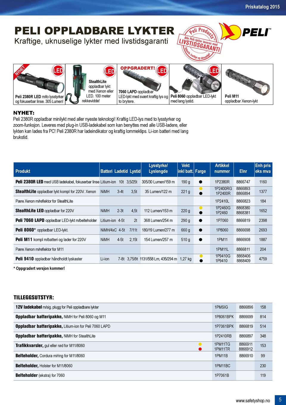 Peli 8060 oppladbar -lykt med lang lystid. Peli M11 oppladbar Xenon-lykt : Peli 2380R oppladbar minilykt med aller nyeste teknologi! Kraftig -lys med to lysstyrker og zoom-funksjon.