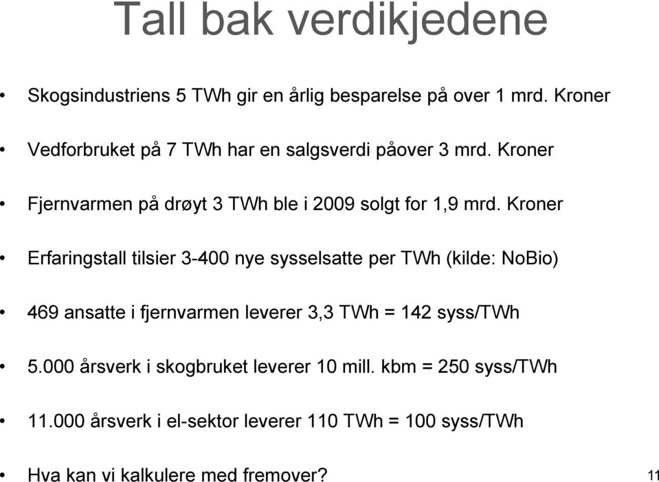 Kroner Erfaringstall tilsier 3-400 nye sysselsatte per TWh (kilde: NoBio) 469 ansatte i fjernvarmen leverer 3,3 TWh = 142