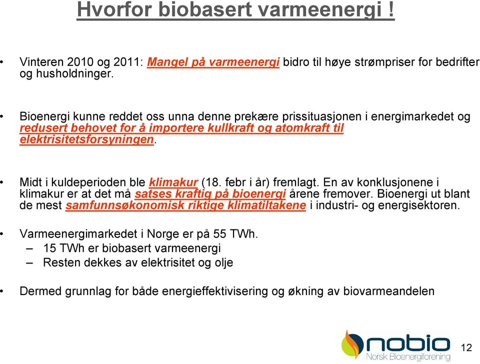 Midt i kuldeperioden ble klimakur (18. febr i år) fremlagt. En av konklusjonene i klimakur er at det må satses kraftig på bioenergi årene fremover.