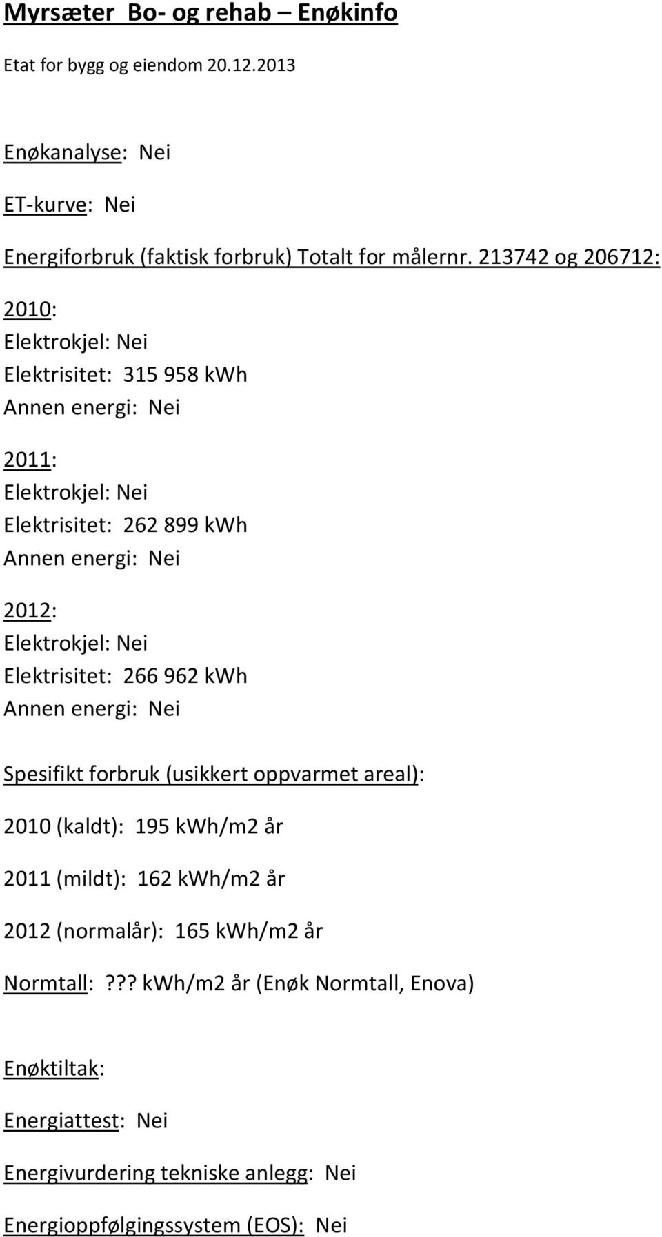 Elektrokjel: Elektrisitet: 266 962 kwh Annen energi: Spesifikt forbruk (usikkert oppvarmet areal): 2010 (kaldt): 195 kwh/m2 år 2011 (mildt): 162 kwh/m2