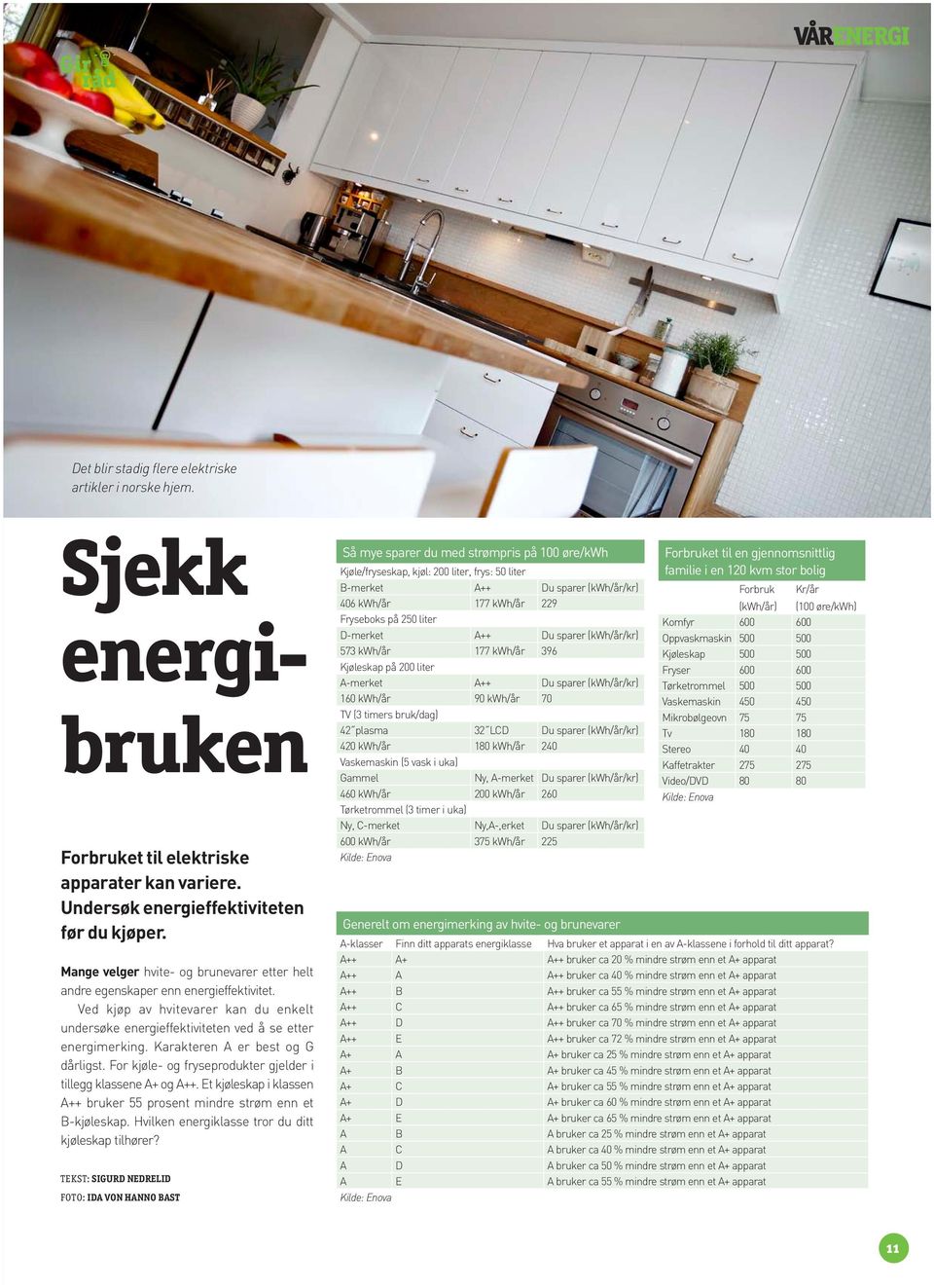 Karakteren A er best og G dårligst. For kjøle- og fryseprodukter gjelder i tillegg klassene A+ og A++. Et kjøleskap i klassen A++ bruker 55 prosent mindre strøm enn et B-kjøleskap.