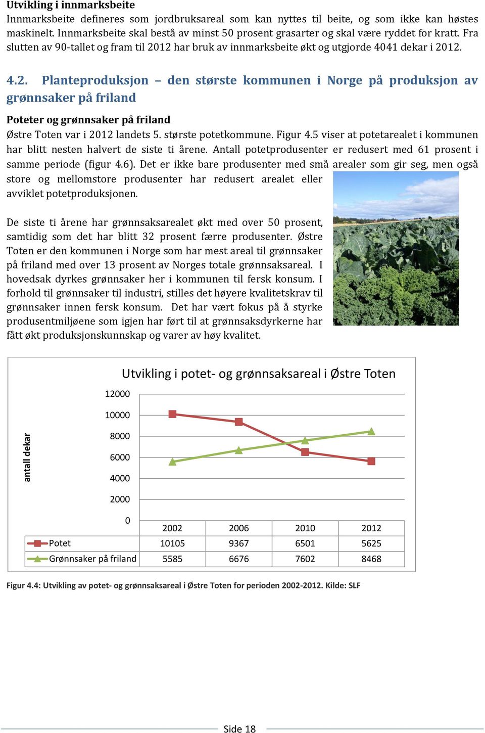 12 har bruk av innmarksbeite økt og utgjorde 4041 dekar i 2012. 4.2. Planteproduksjon den største kommunen i Norge på produksjon av grønnsaker på friland Poteter og grønnsaker på friland Østre Toten var i 2012 landets 5.