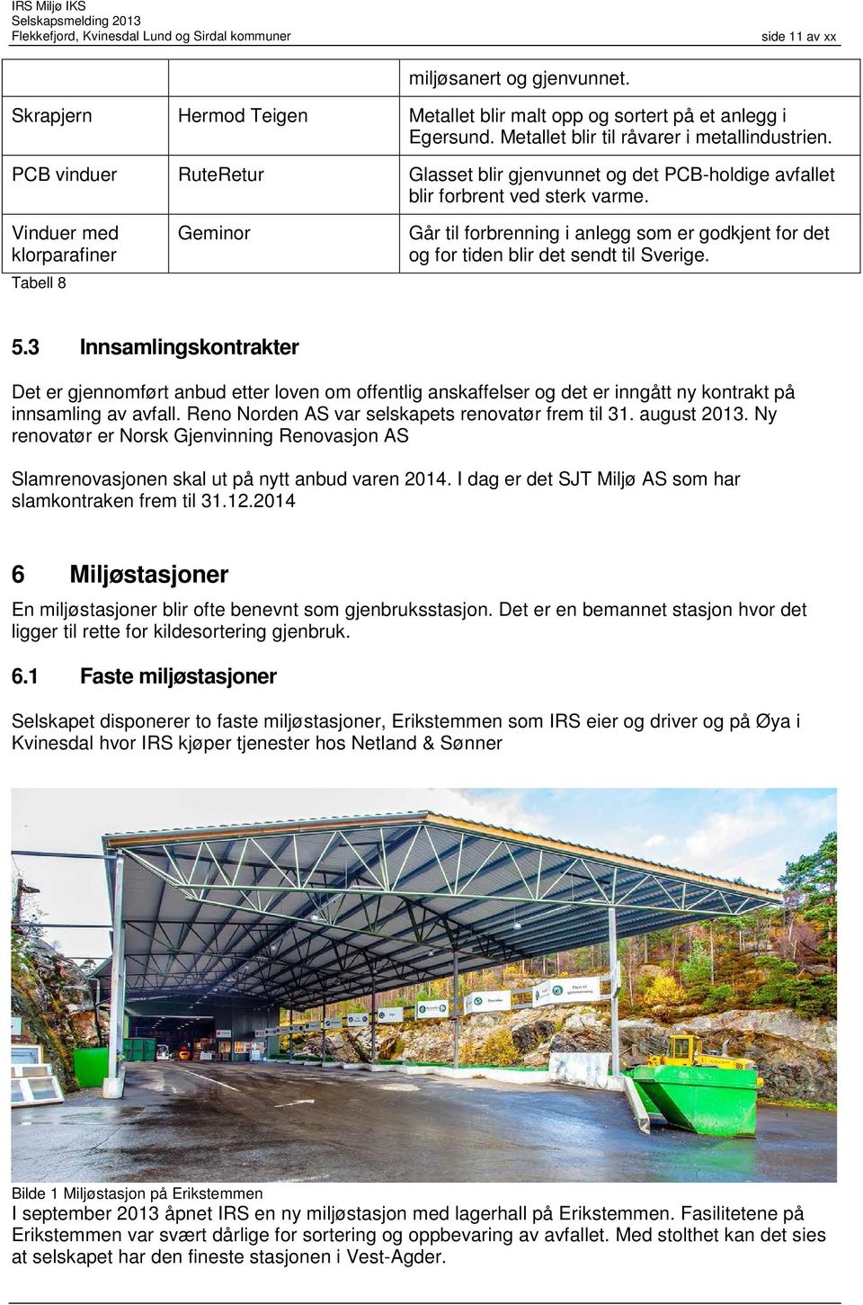 Vinduer med klorparafiner Tabell 8 Geminor Går til forbrenning i anlegg som er godkjent for det og for tiden blir det sendt til Sverige. 5.