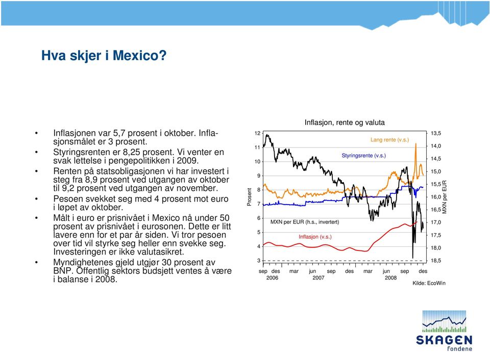 Målt i euro er prisnivået i Mexico nå under 50 prosent av prisnivået i eurosonen. Dette er litt lavere enn for et par år siden. Vi tror pesoen over tid vil styrke seg heller enn svekke seg.