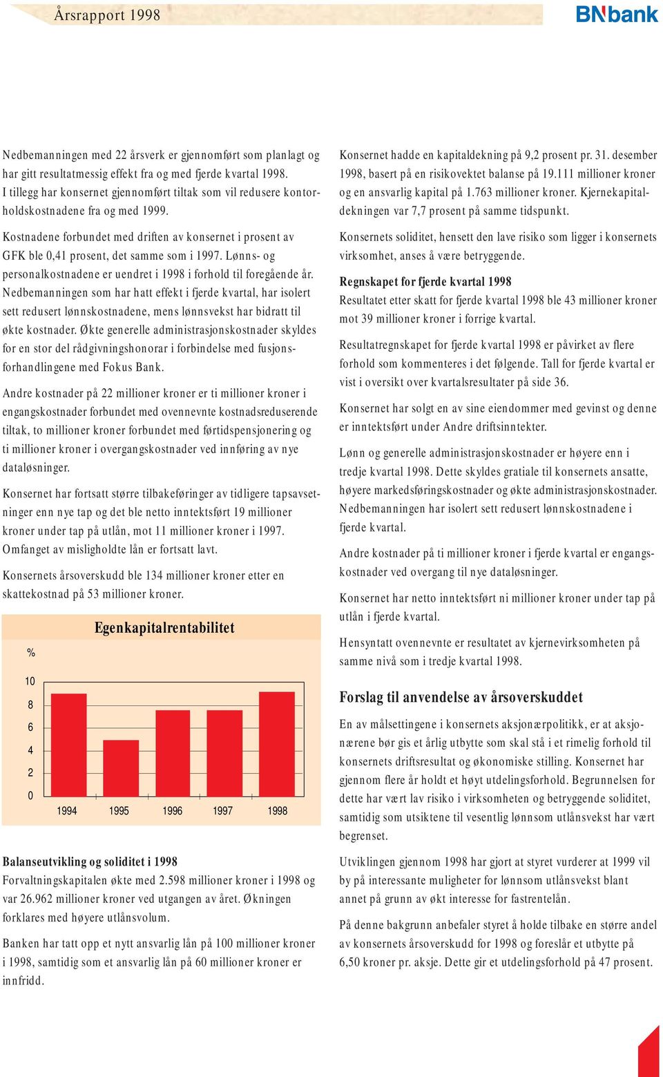 Kostnadene forbundet med driften av konsernet i prosent av GFK ble 0,41 prosent, det samme som i 1997. Lønns- og personalkostnadene er uendret i 1998 i forhold til foregående år.