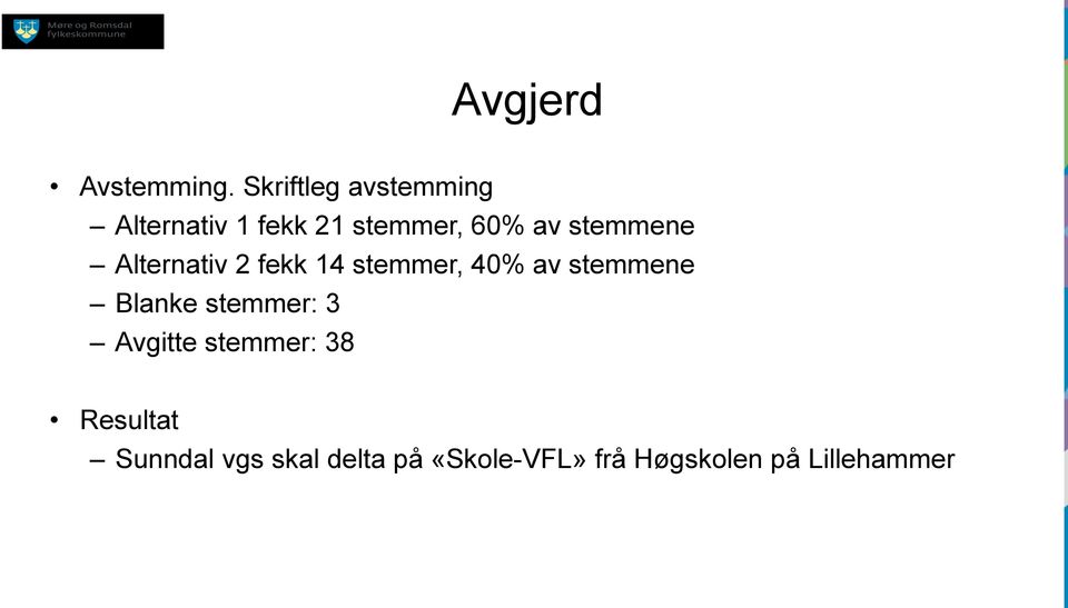 stemmene Alternativ 2 fekk 14 stemmer, 40% av stemmene Blanke