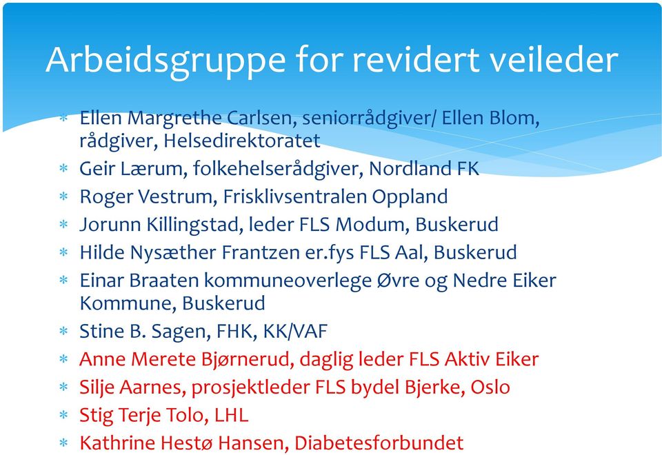 Frantzen er.fys FLS Aal, Buskerud Einar Braaten kommuneoverlege Øvre og Nedre Eiker Kommune, Buskerud Stine B.