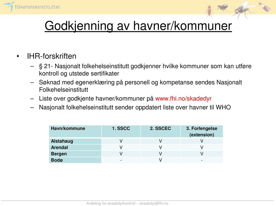 Folkehelseinstitutt Liste over godkjente havner/kommuner på www.fhi.